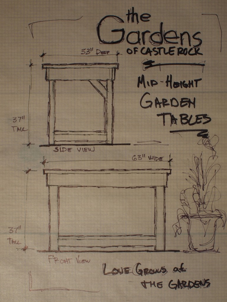 The Gardens of Castle Rock - Sketch with dimensions of the Mid Height Garden Tables ~ Western Red Cedar